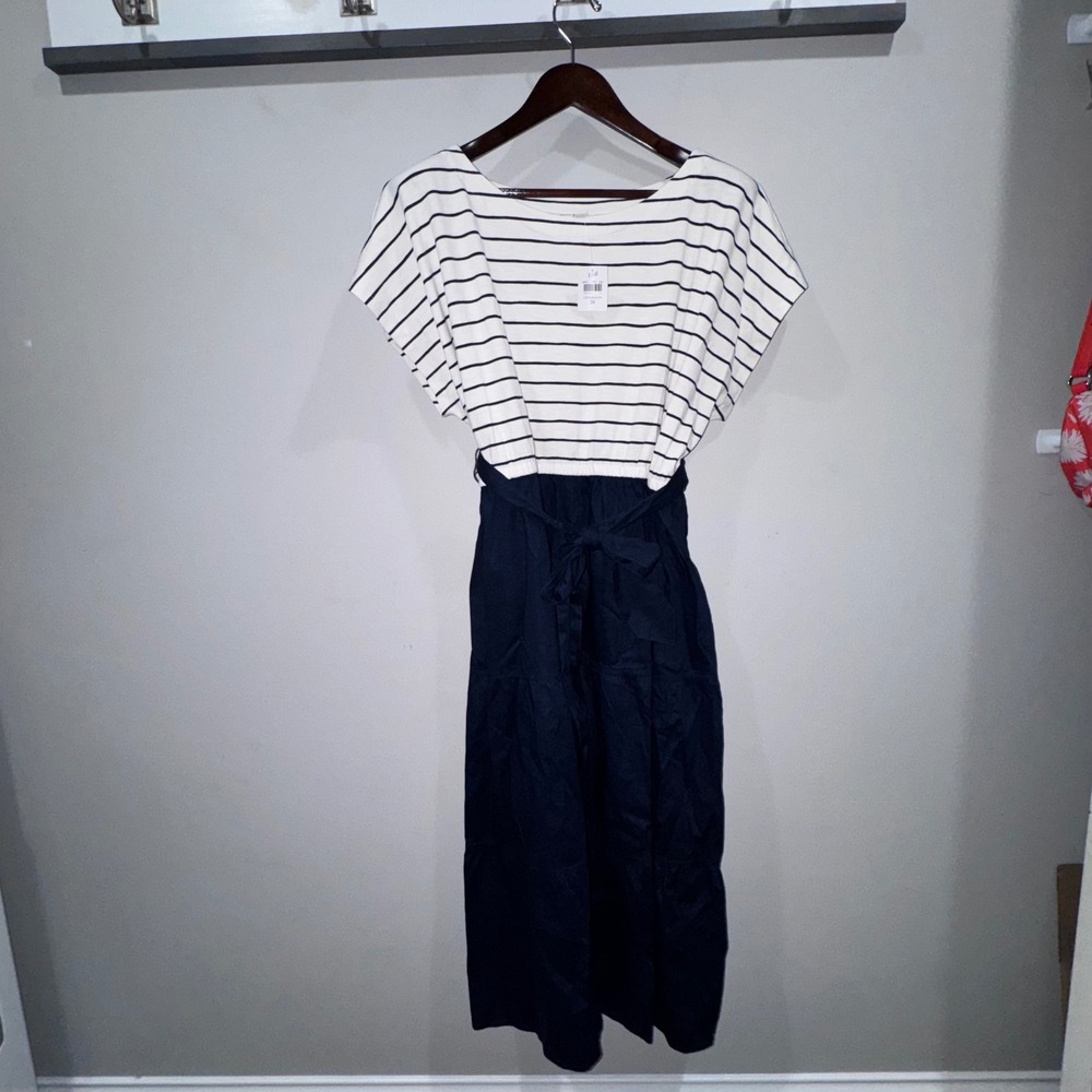 J. Jill Mixed Media Dress Womens 3X Cream Navy NWT Striped Tiered Knit Woven - Picture 2 of 12